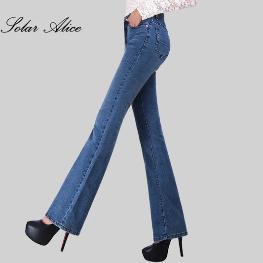 Promotion Women Autumn Bell Bottom Jeans Boot Cut Pants Office Lady Mid Waist Long Flares Trousers Size 26-38