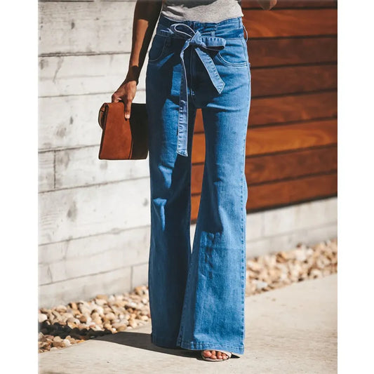 Blue Tie Waist Flare Jeans Women Slim Denim Trousers Vintage Clothes 2021 Spring High  Pants Belted Stretchy Wide Leg