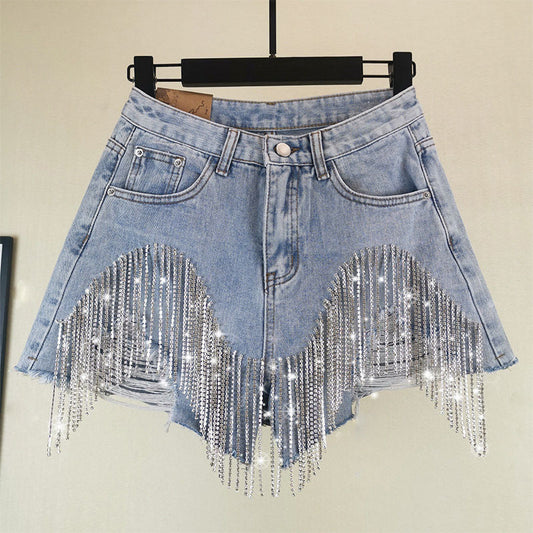 Summer Ripped Jeans Short Femme High Waist Diamond Tassel Y2k Casual Bottoms for Ladies Denim Shorts Women Clothing Fash